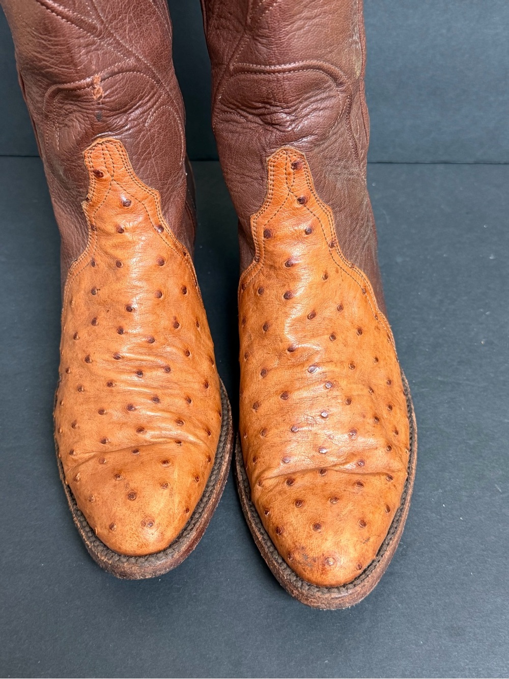 Lucchese Two-Tone Brown and Tan Ostrich-Accent Heeled Boots - Picture 6 of 11